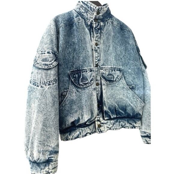Vintage Denim Jacket unisex Pilot Bomber Military Puffer Biker Jean Acid Wash M - Picture 4 of 16